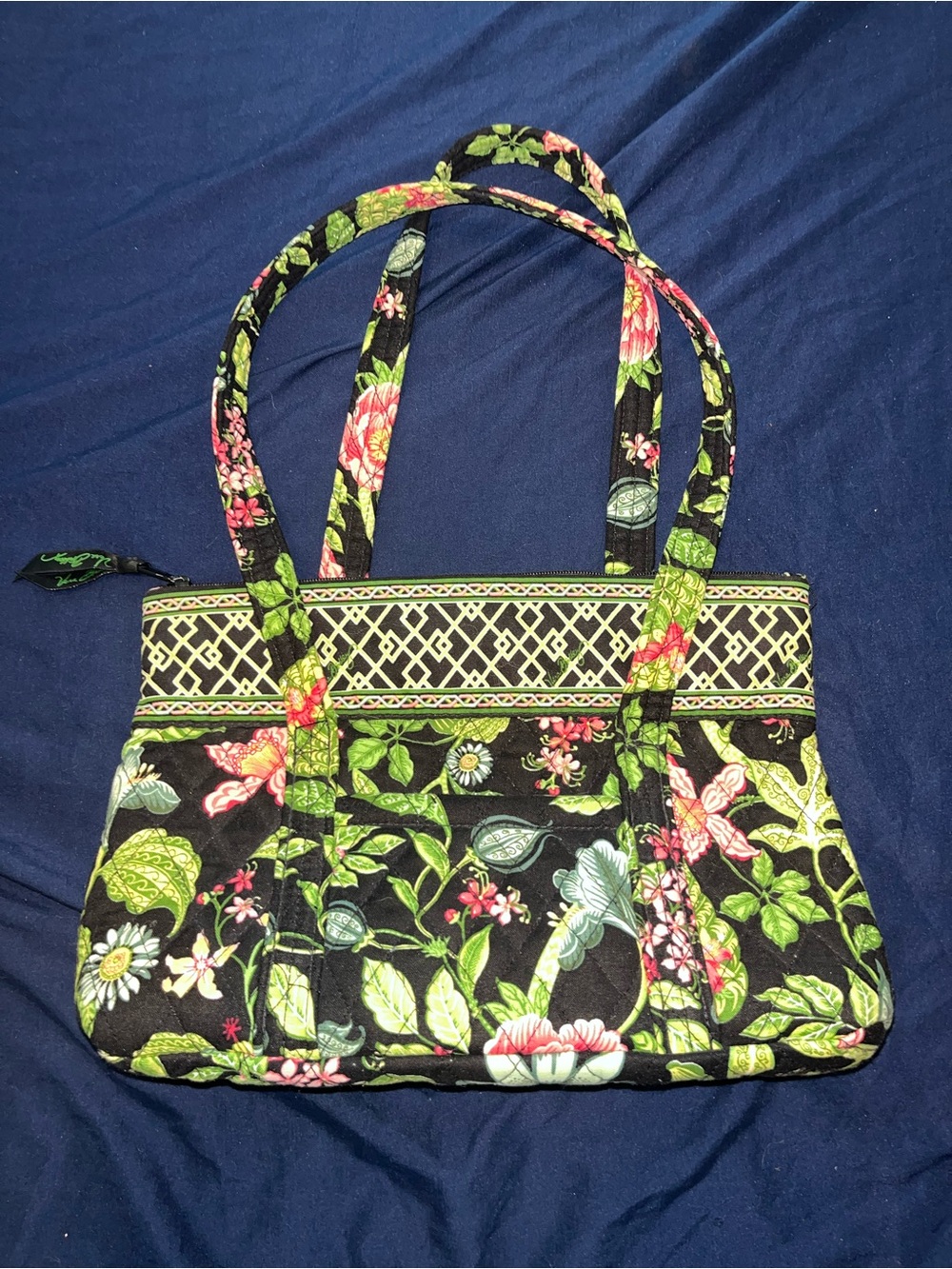 Vera Bradley Black Floral Quilted Shoulder Bag with Pink and Green Accents
